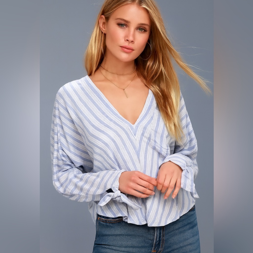 Free People Blue Striped V-Neck Long Sleeve Blouse M Casual Boho Tie Cuff Top